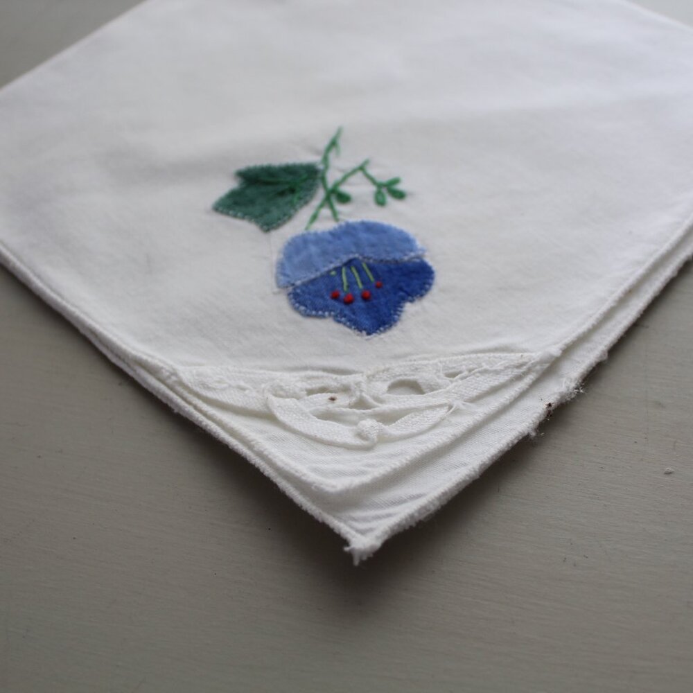 White Cotton Blue Floral Applicate Battenburg Ladies Handkerchief